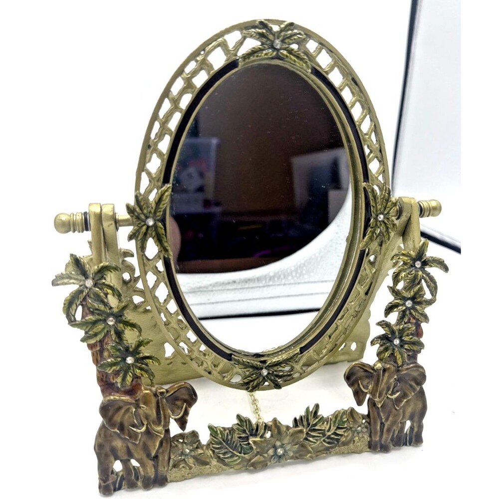 Vintage Gold Tone Metal Vanity Mirror Decorated W/Elephants & Palm Trees 8.5”